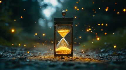 A magical hourglass emits golden sparkles, suspended in an enchanting forest setting, encapsulating a timeless and mystical wonder.