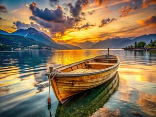 Fototapeta premium Lake Como's golden sunset casts a magical glow on an aged wooden boat, a picturesque Dervio scene.