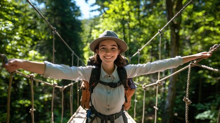 Young woman with joyful expression crossing a rope bridge in a lush green forest during a bright day surrounded by nature and adventure