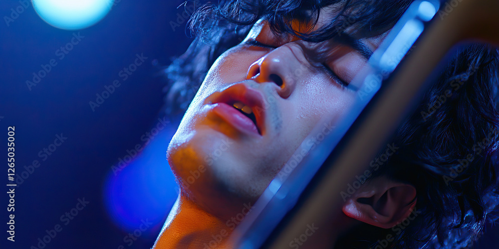 Wall mural Close-up Portrait: Young Man with Blue and Orange Lighting