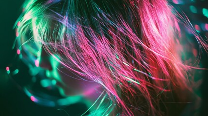 Fototapeta premium Vivid neon lights cascade through flowing hair, painting a lively blend of pink and green for an energetic and whimsical visual moment.