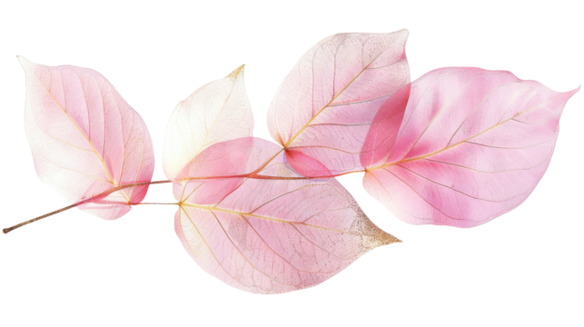 Pink green leaves with golden splatters isolated on transparent background. Floral foliage arrangement in watercolor style. Botanical art design