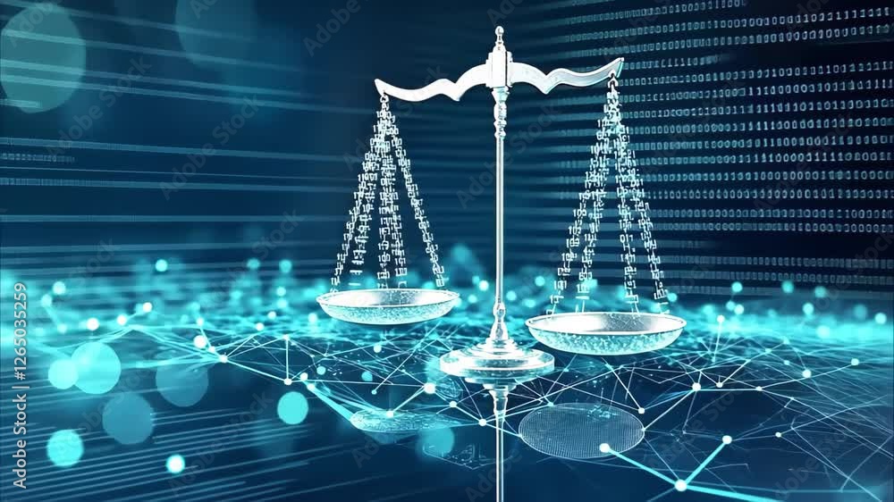 Poster a digital representation of a balance scale symbolizing justice and equality, with a tech-inspired b