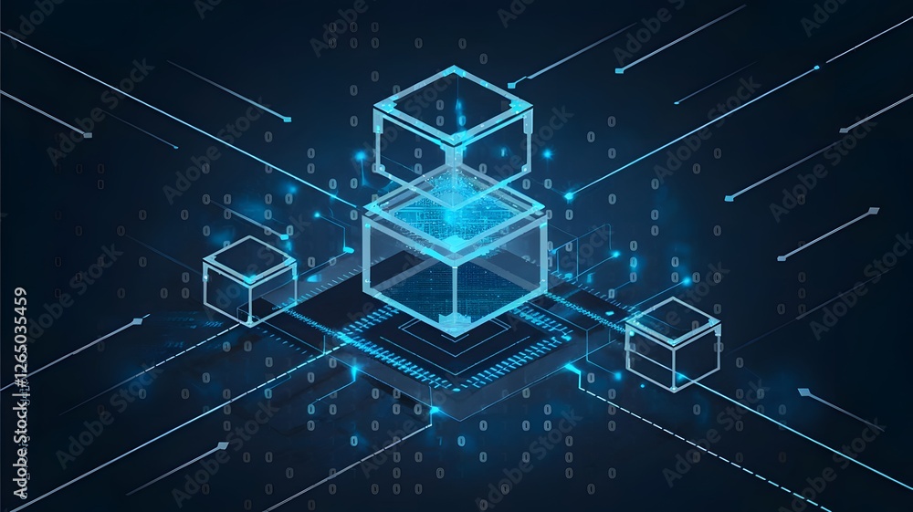 Poster abstract digital cubes network technology data blockchain modern futuristic design blue neon glowing