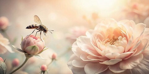 Minimalist Floral Wallpaper with Delicate Insect Illustration - Elegant Botanical Design