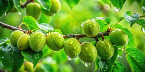 Lush, rain-washed apricot leaves unfurl in a vibrant spring aerial panorama.