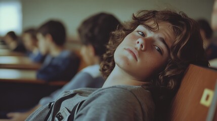 Fototapeta premium A young person leans back in a classroom, their expression distant and thoughtful, surrounded by the blur of classmates, capturing youthful introspection.