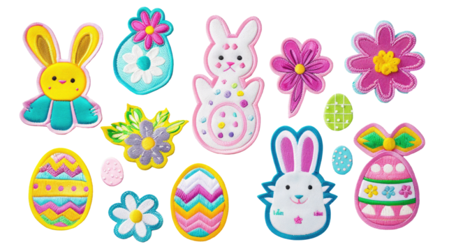 Colorful patch badges with Happy Easter icon. Design Easter greetings elements, stickers, pins for spring holidays on transparent - Powered by Adobe