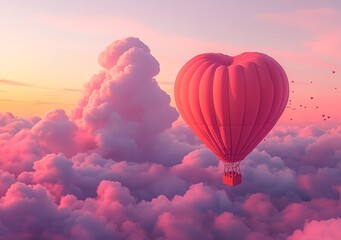 Obraz premium Heart-shaped balloons in Living Coral float through the clouds in a Valentine's Day illustration, representing love and the associated feelings of peace and happiness