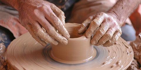 Potter's Hands Shaping Clay on Pottery Wheel