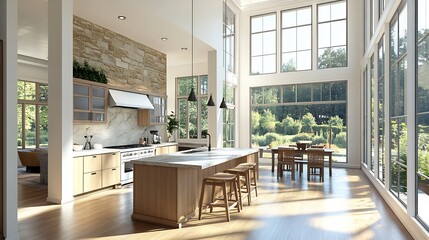 Sunlit Modern Kitchen: Stone, Wood, and Expansive Windows