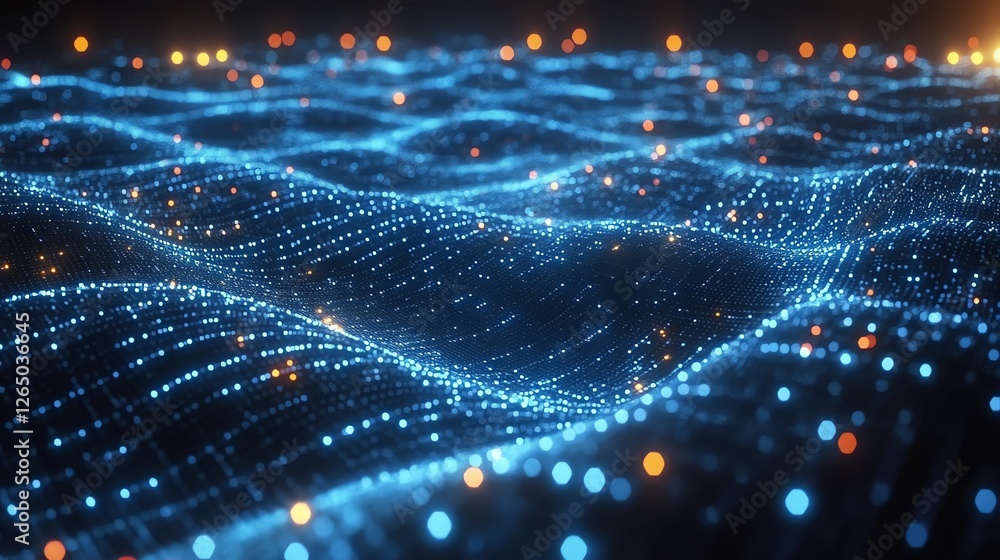 Poster abstract blue digital wave glowing particle background data flow dark