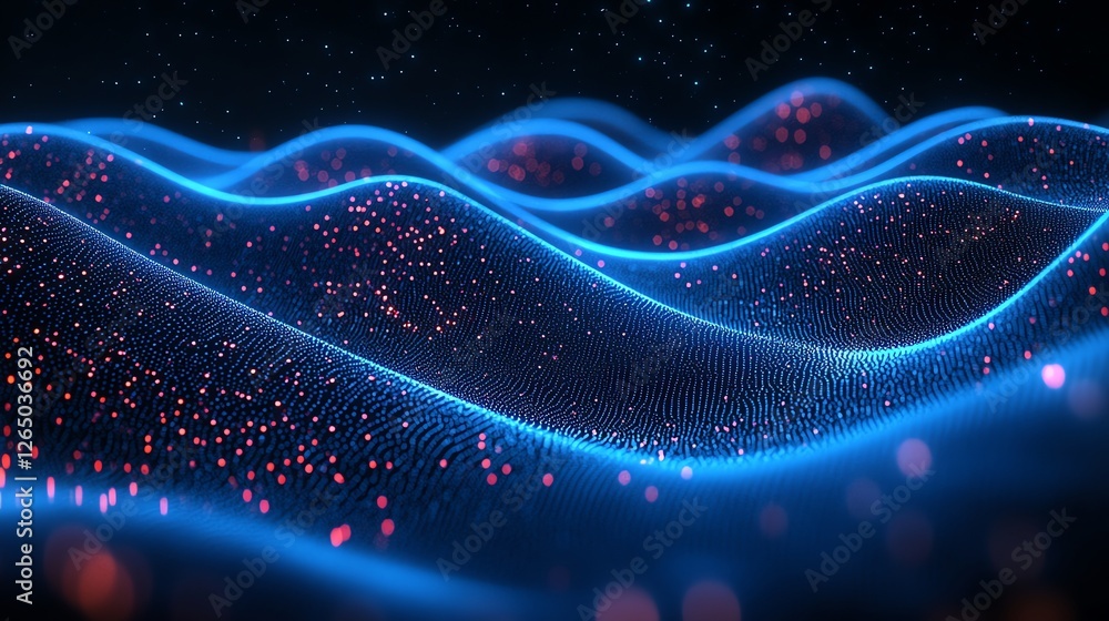 Poster abstract blue red digital wave particle background data flow glow dark