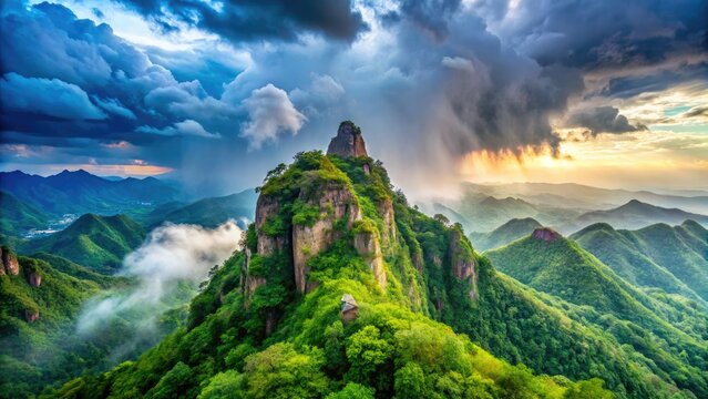 Majestic Baoding peaks, vibrant after the rain, capture China's scenic beauty in panoramic splendor.