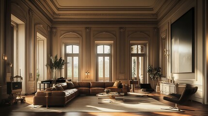 Elegant Brown Leather Sectional in a Sunlit Classic Grand Room