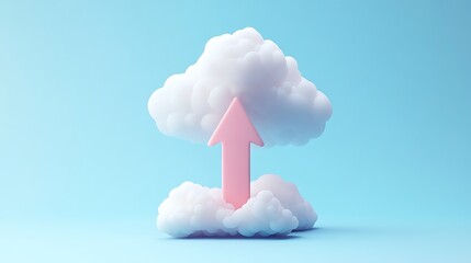 Pink Arrow Piercing Fluffy Cloud, A pink arrow pointing upward into a fluffy white cloud against a blue background