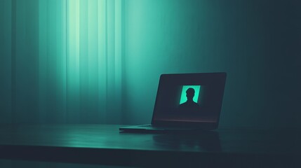 A dimly lit room bathed in teal light features a laptop on a table, displaying a mysterious silhouette.