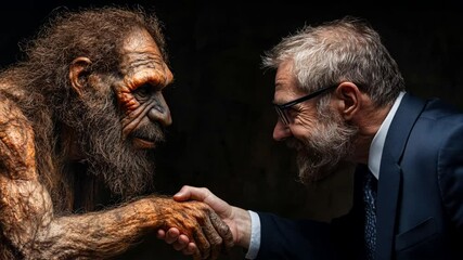 A powerful handshake between a Neanderthal male and a modern man, showcasing contrasting features, with deep expressions and intricate details highlighting their connection.