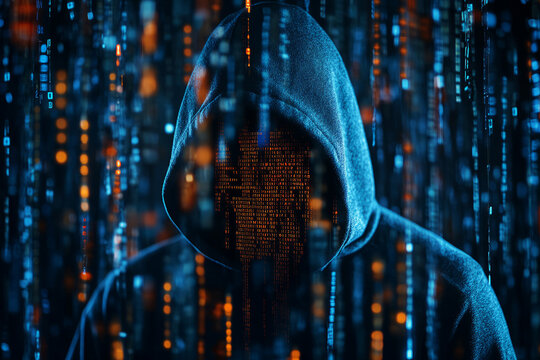 Mysterious hooded hacker with digital code and cyber security data in dark cyberspace