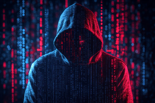 Mysterious hooded hacker with digital code and cyber security data in dark cyberspace