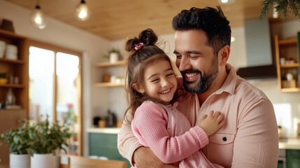 Fototapeta premium Heartwarming Moment Between Father and Daughter in Modern Kitchen with Natural Light and Warm Decor