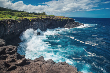 Powerful ocean waves crashing against rugged coastal cliffs under a bright blue sky
