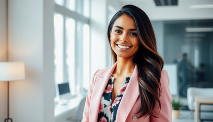 Fototapeta premium Confident young woman with long hair in a pink jacket, smiling in a modern office