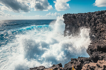 Powerful ocean waves crashing against rugged coastal cliffs under a bright blue sky