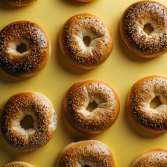 Plain bagels, top view, isolated on yellow background