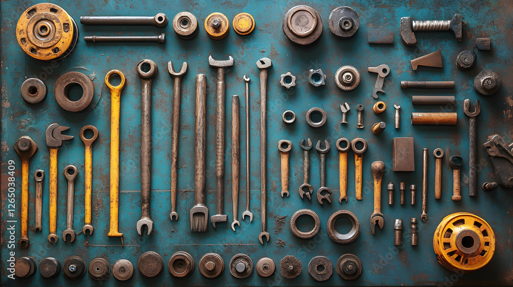 Poster collection of assorted rusty tools on a blue background