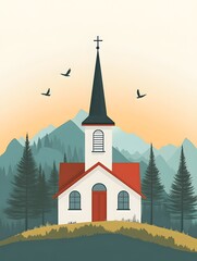 A small mountain church under the sunshine