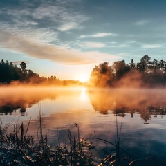 A sunrise over a calm lake, with mist rising from the water, symbolizing hope for global water sustainability on World Water Day.