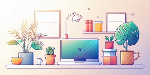 Minimalist Line Art Office Essentials: Desk, Plant, Laptop, Notebook, Coffee