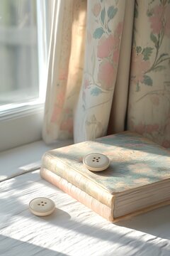 Retro buttons and old books in the sunshine
