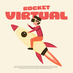 flat design illustration poster, man riding a rocket in virtual reality