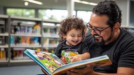 Joyful Father and Toddler Sharing an Engaging Storytime in a Bright Library Setting with Colorful Children's Books in the Background
