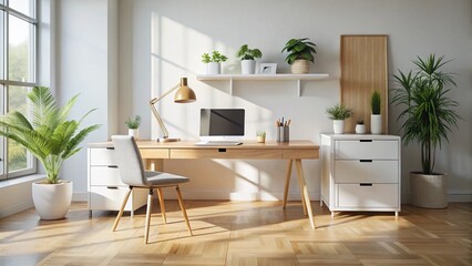 Minimalist Modern Office Desk with Drawers - Clean Workspace Stock Photo