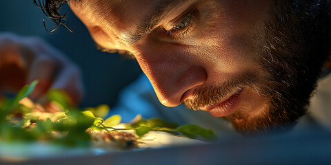 Chef Inspecting Plated Dish with Herbs
