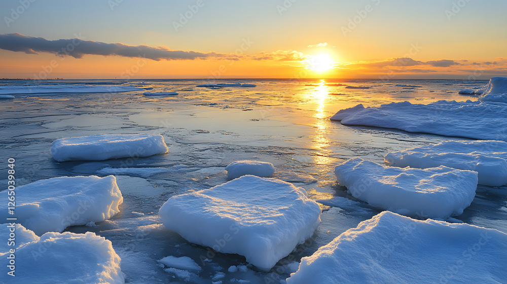 Poster sunset over icy waters with floating ice blocks reflecting warm colors