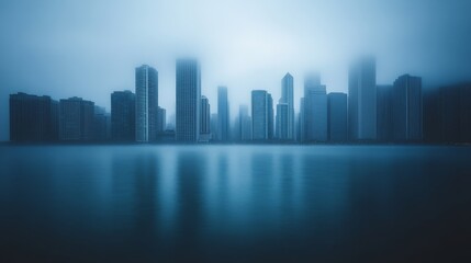 Obraz premium A mesmerizing cityscape fades into moody blues as the skyline mirrors onto calm waters, creating an ethereal and introspective urban reflection.