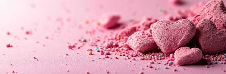 Obraz premium Trendy shining silver and candy pink hearts on a background of cake sprinkles in a flat lay, incorporating copy space, designed for feminine bloggers, Valentine's Day, and festive love concepts,