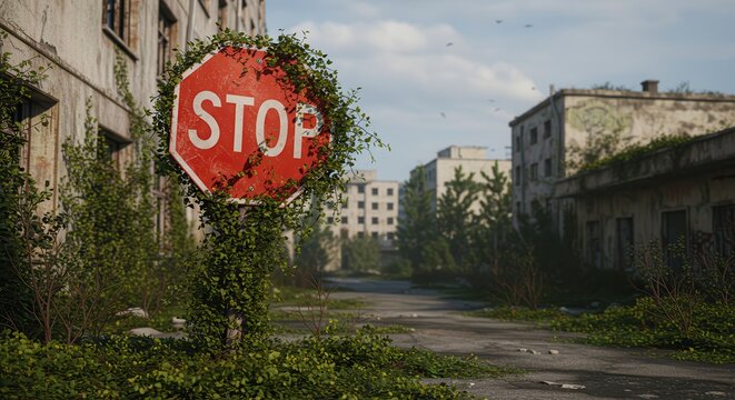 Overgrown Stop Sign in Abandoned Urban Environment Post-apocalyptic Setting
