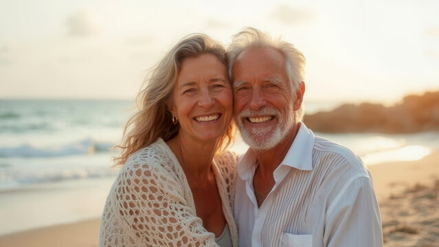 Happy couple at the beach with copy space - Powered by Adobe