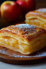 Slices of apple turnover cake with visible filling, sprinkled with powdered sugar, resting on a wooden plate