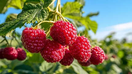 Closeup Fresh Red Raspberries On Vine Against Blue Sky