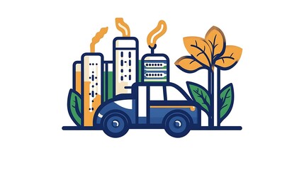 Naklejka premium Vibrant Vector Illustration: Cityscape & Nature Coexist on a Journey AI Generated