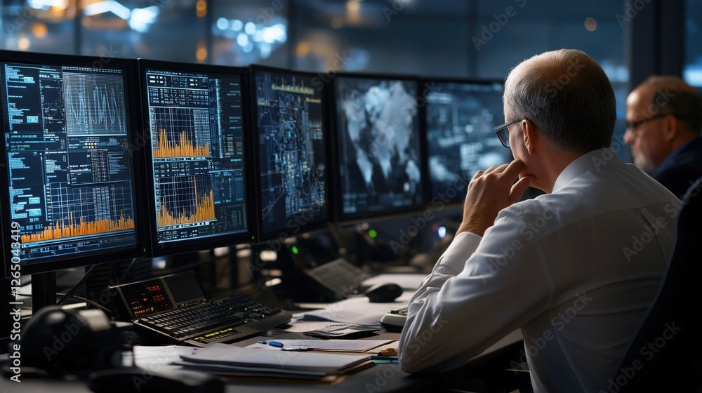 Poster focused professional analyzing data and statistics in a modern control room with multiple monitors d