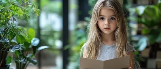 Naklejka premium A young girl holding a book, surrounded by lush indoor plants, conveying curiosity and innocence.
