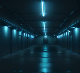 Empty background scene. Dark street, reflection of blue and pink neon light on wet asphalt. Neon shapes. Rays of light in the dark, smoke. Abstract dark background.generative ai