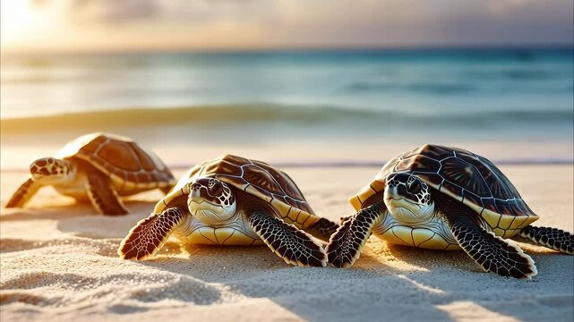 Three sea turtles on a sandy beach with a beautiful ocean and sunset in the background.